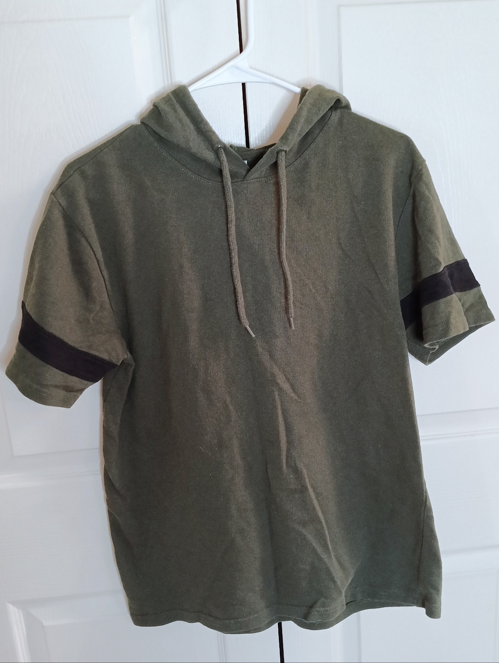 Olive Green Short Sleeve Hoodie with Black Sleeve Stripe